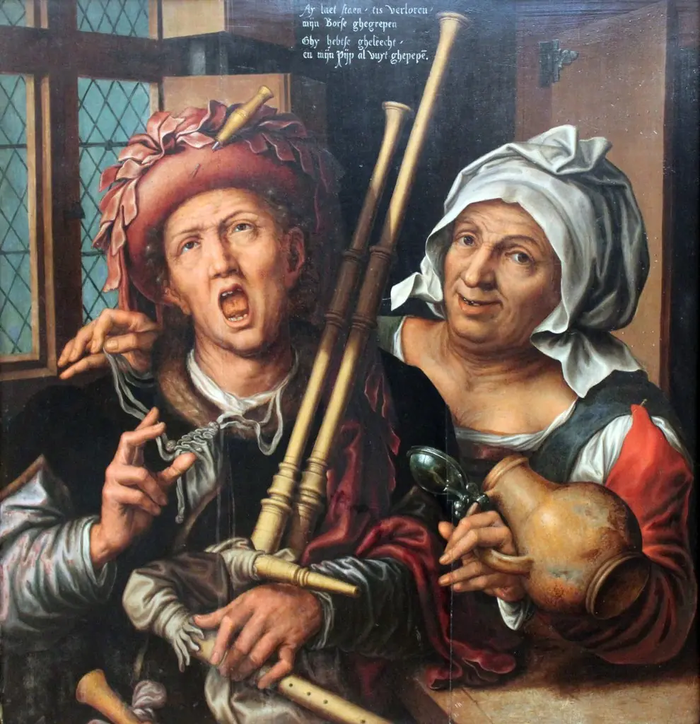 Bagpipeplayer and a woman with a jar, by Pieter Huys