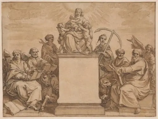 The Three Theological Virtures: Faith, Hope, and Charity, Surrounded by the Four Evangelists, by Pieter I de Jode