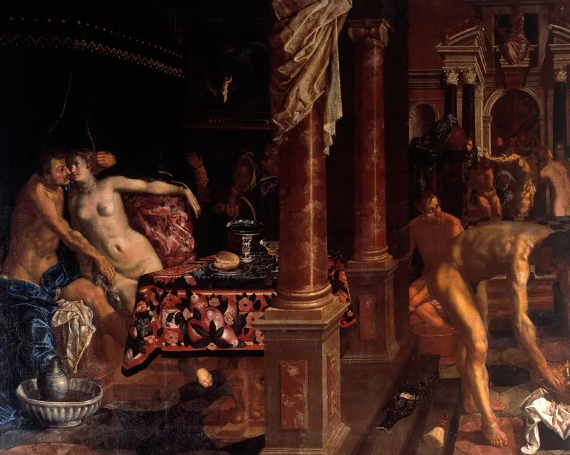 A Bathhouse, by Pieter Isaacsz, oil, 1604
