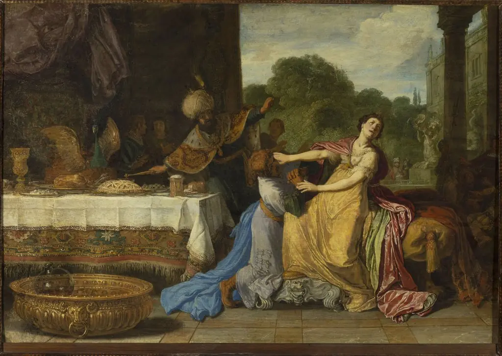 Haman begging the mercy of Esther (Esther 7:6-7), by Pieter Lastman