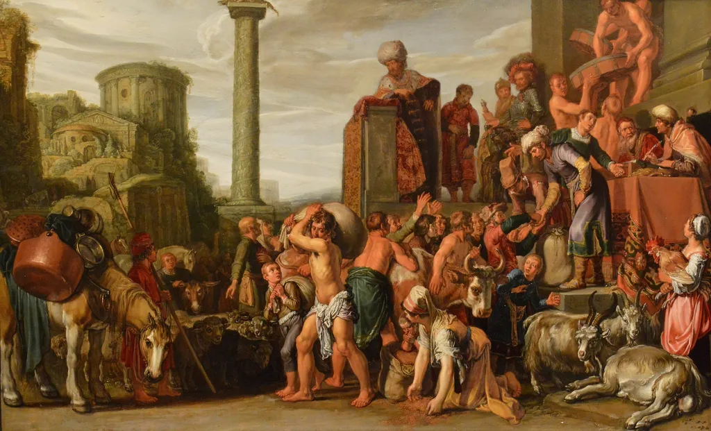 Joseph Selling Corn in Egypt, by Pieter Lastman, oil, 1612