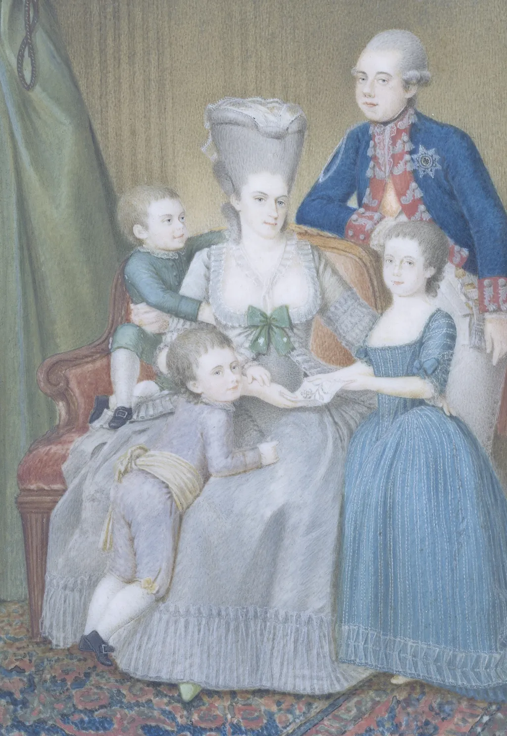 Family portrait of stadtholder Willem V (1748-1806), Wilhelmina van Pruisen (1751-1820) and their three children, by Pieter le Sage, ivory, 1790