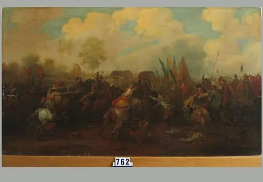 Luptă de cavalerie lângă o capelă. Pandant: Luptă de cavalerie lângă un oraș, by Pieter Meulener