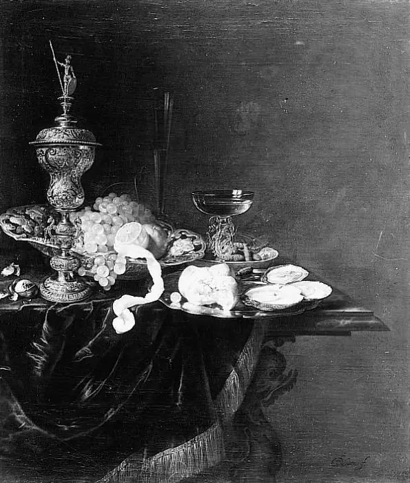 Still life with Akelei covered beaker dish of grapes, lemon and wine glasses, by Pieter Nason, 1660