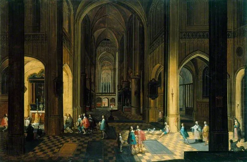 Interior of a Cathedral: Night Scene, by Pieter Neefs the Elder, oil, 1618