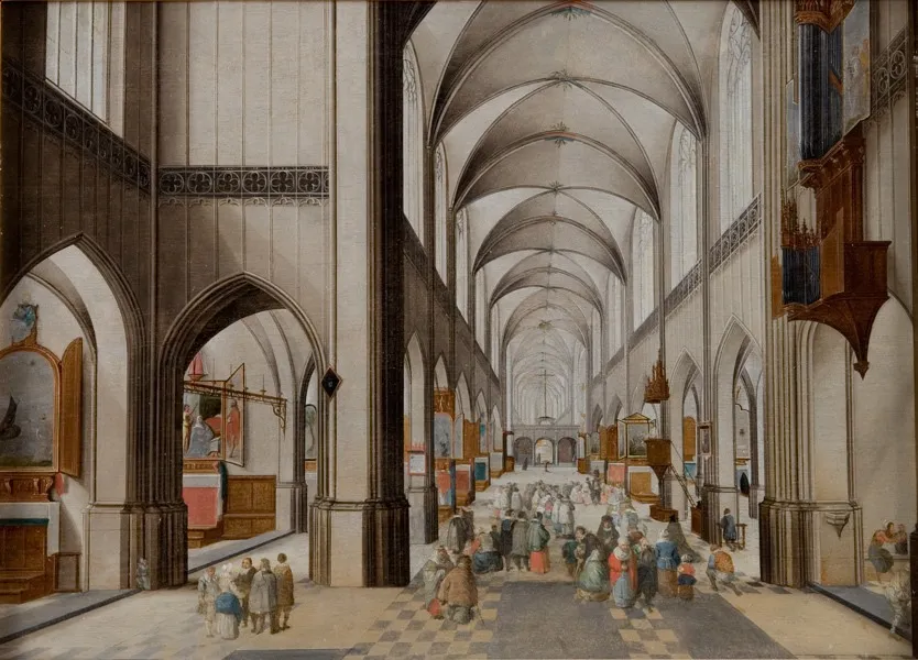 Interior of a Three-Aisled Gothic Church during a Sermon, by Pieter Neefs the Elder, unspecified, 1630
