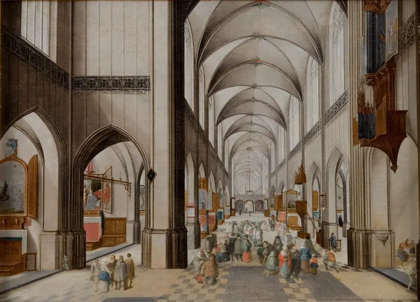 Interior of a Three-Aisled Gothic Church during a Sermon, by Pieter Neefs the Elder