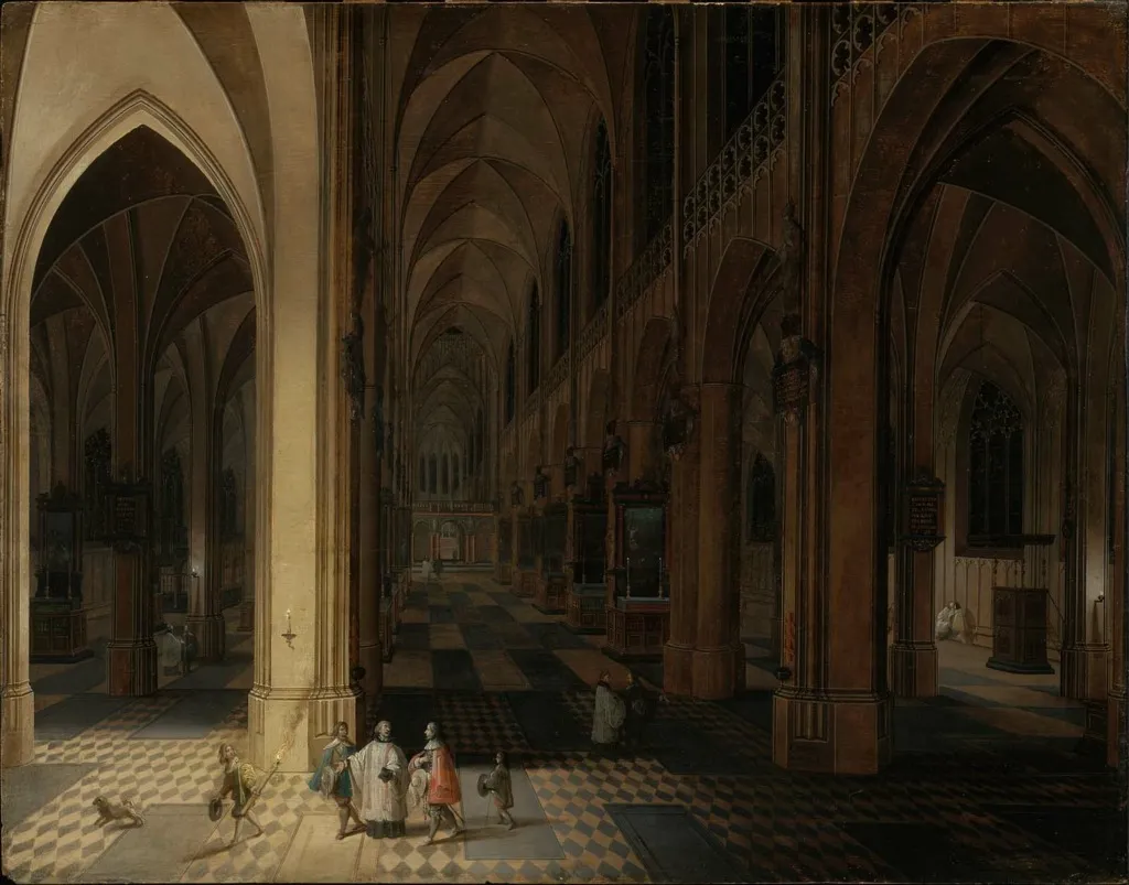 Interior of Antwerp Cathedral at Night, by Pieter Neefs the Elder, oil, 1638