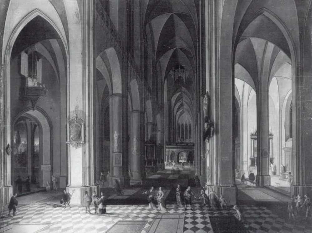 Interior of a Gothic Church by Candlelight, by Pieter Neefs the Younger, oil, 1649