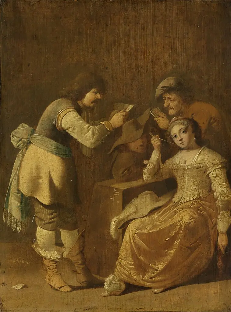Card players with woman smoking a pipe, by Pieter Quast