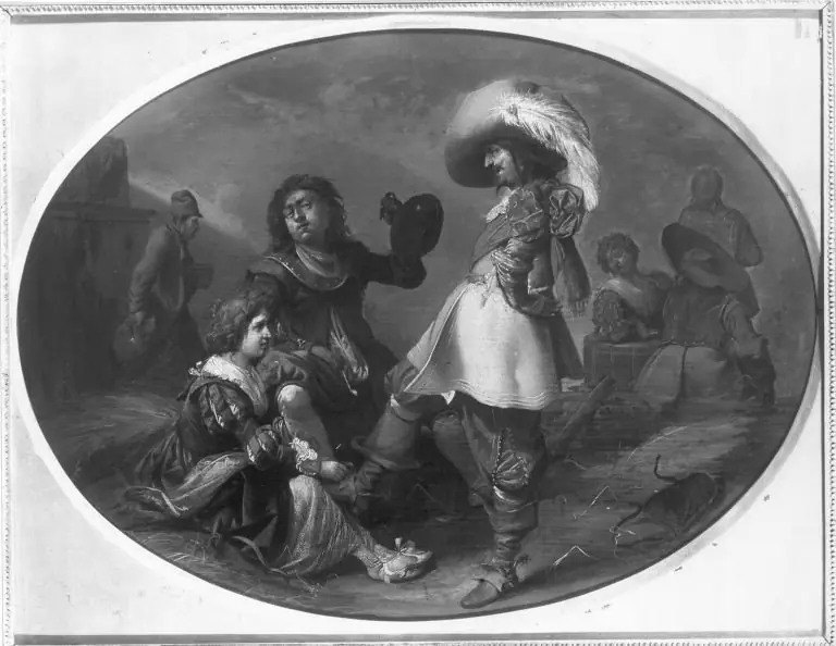 Company of an officer, soldiers and young women in a guardroom, by Pieter Quast