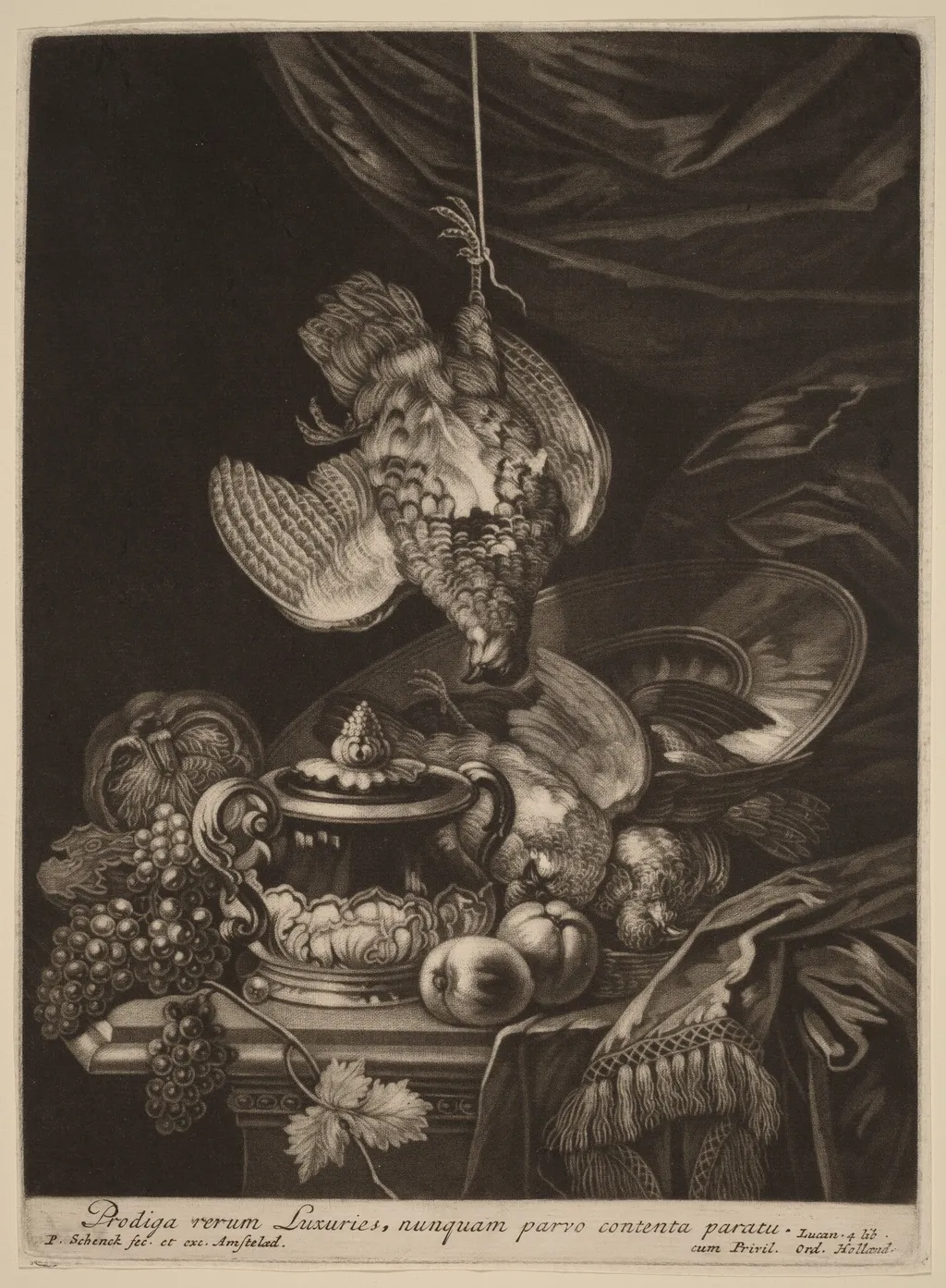 Still Life with a Hanging Partridge, by Pieter Schenck I, ink, 1690