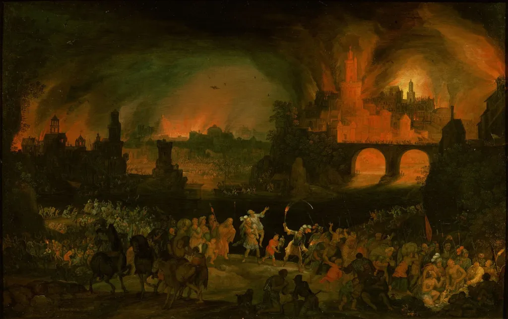Aeneas trägt seinen Vater Anchises aus dem brennendem Troja, by Pieter Schoubroeck, unspecified, 1606