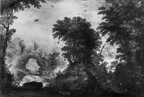 Waldlandschaft mit der Fabel "Der Adler und der Rabe", by Pieter Schoubroeck, unspecified, 1604