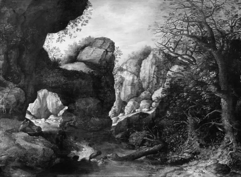 Rocky Landscape with a Goat Hunt, by Pieter Stevens, oil, 1613