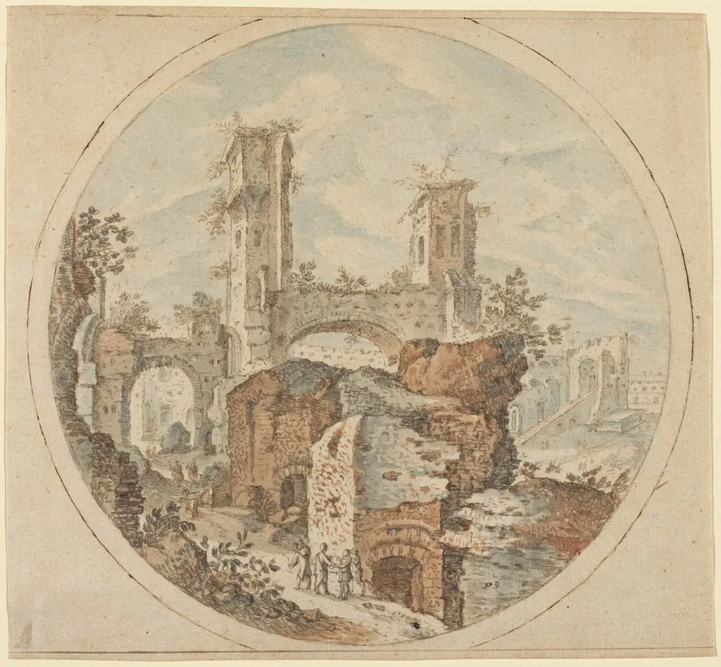 Travellers among Roman Ruins, by Pieter Stevens, ink, 1596