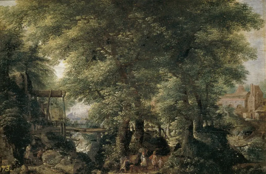 Wooded landscape with a lake on the left and a stream on the right, by Pieter Stevens