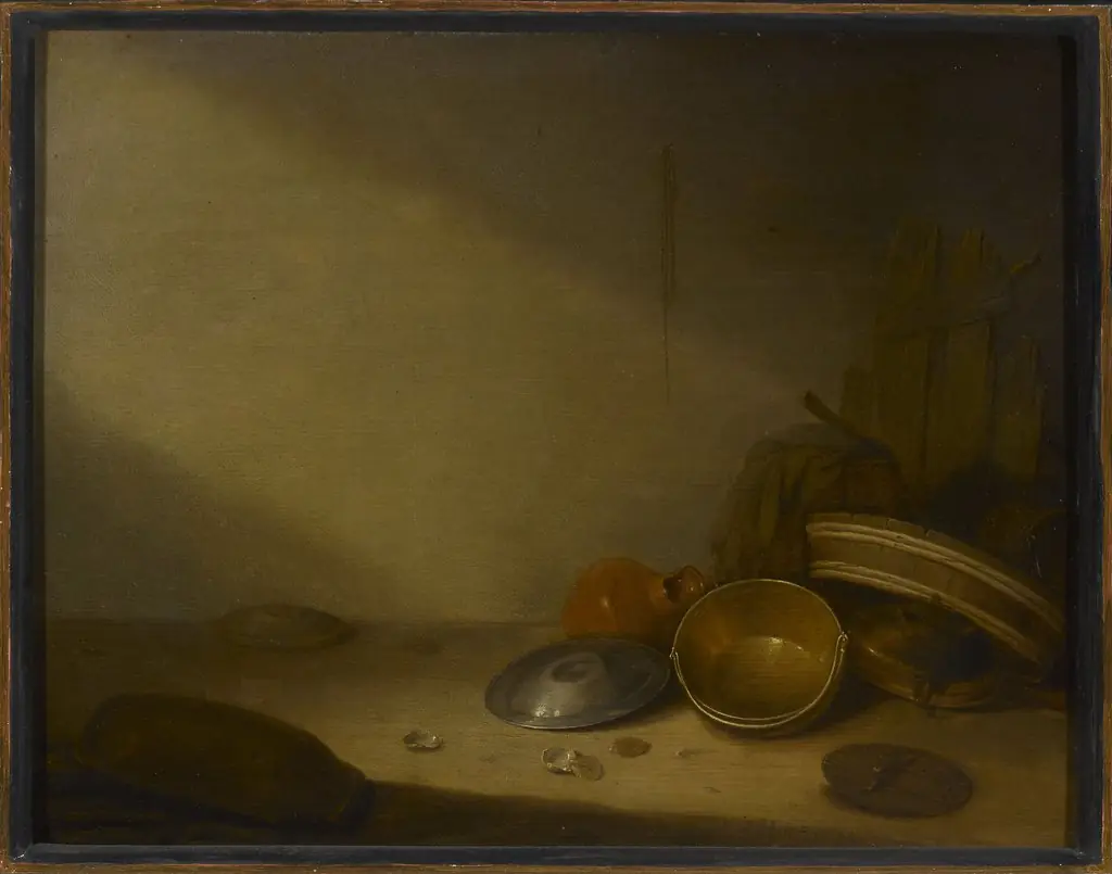 Still life with old dishes, by Pieter Symonsz Potter