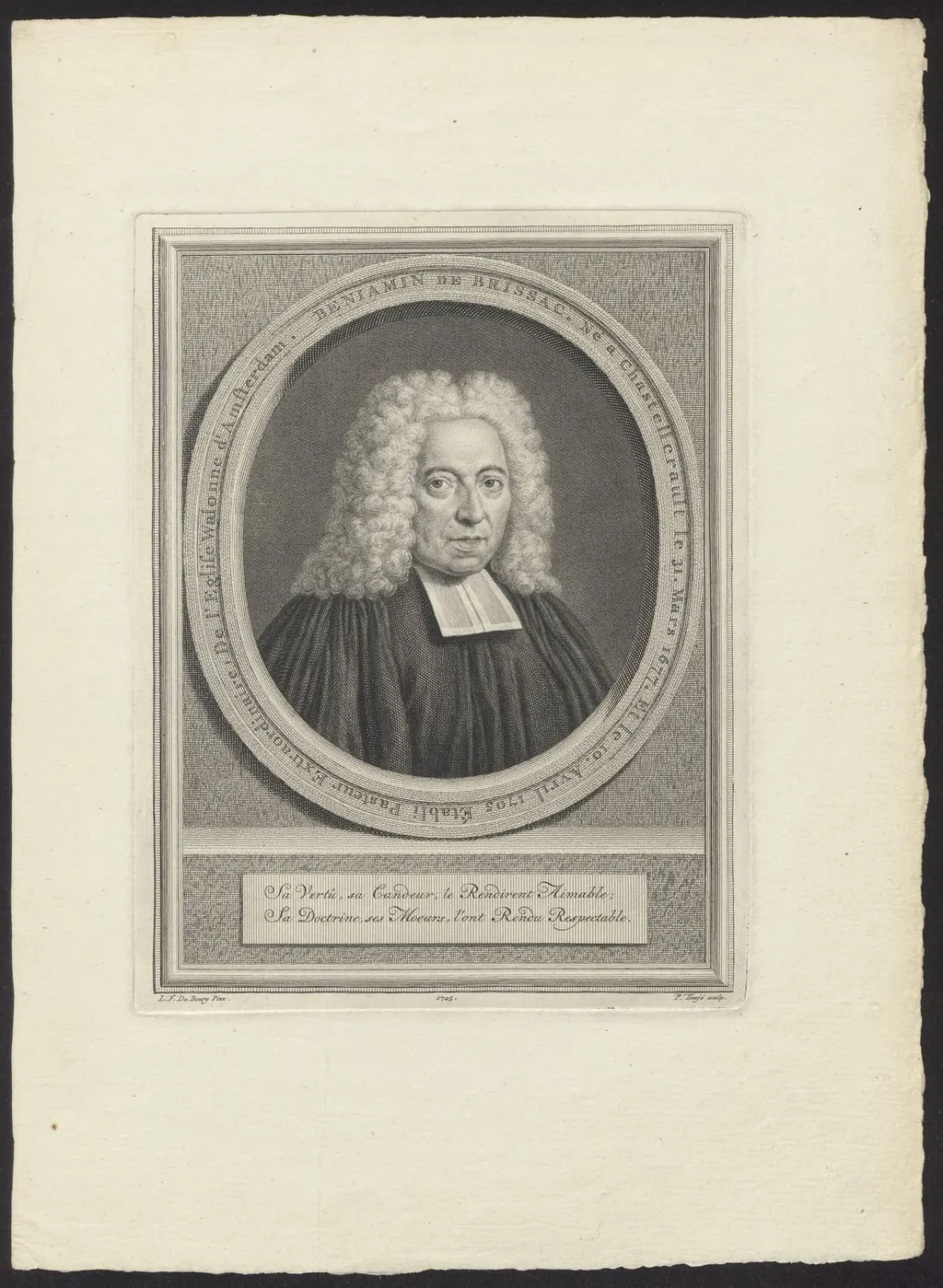 Portrait of Benjamin de Brissac, minister of the Walloon Church in Amsterdam, by Pieter, Tanjé, unspecified, 1745