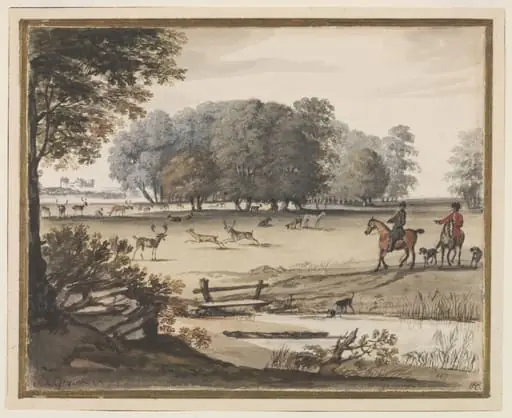 View of a Park with Huntsmen and Deer, by Pieter Tillemans