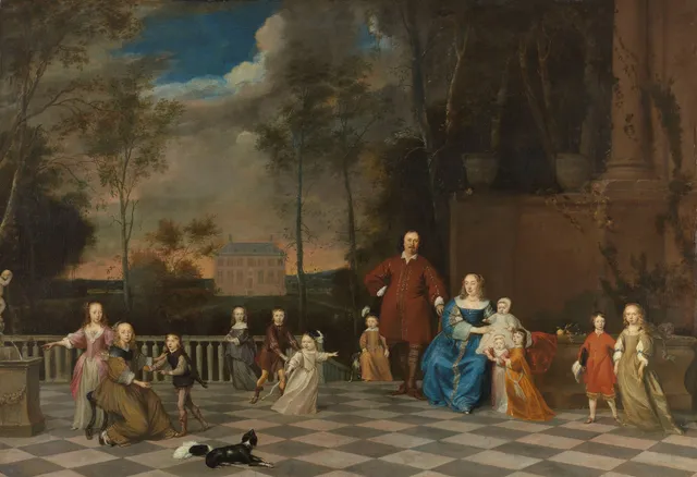 Portrait of the Amsterdam merchant Jeremias van Collen (1608-1676), with his wife and their twelve children