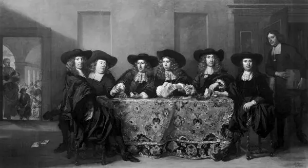 Six regents and the housemaster of the Oude Zijds Almshouse for the outdoor relief of the poor, Amsterdam, 1675, by Pieter van Anraedt