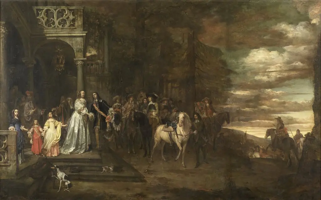 The leavetaking of Captain Hendrik de Sandra (1619-1707), sent off by his wife and children, by Pieter van Anraedt