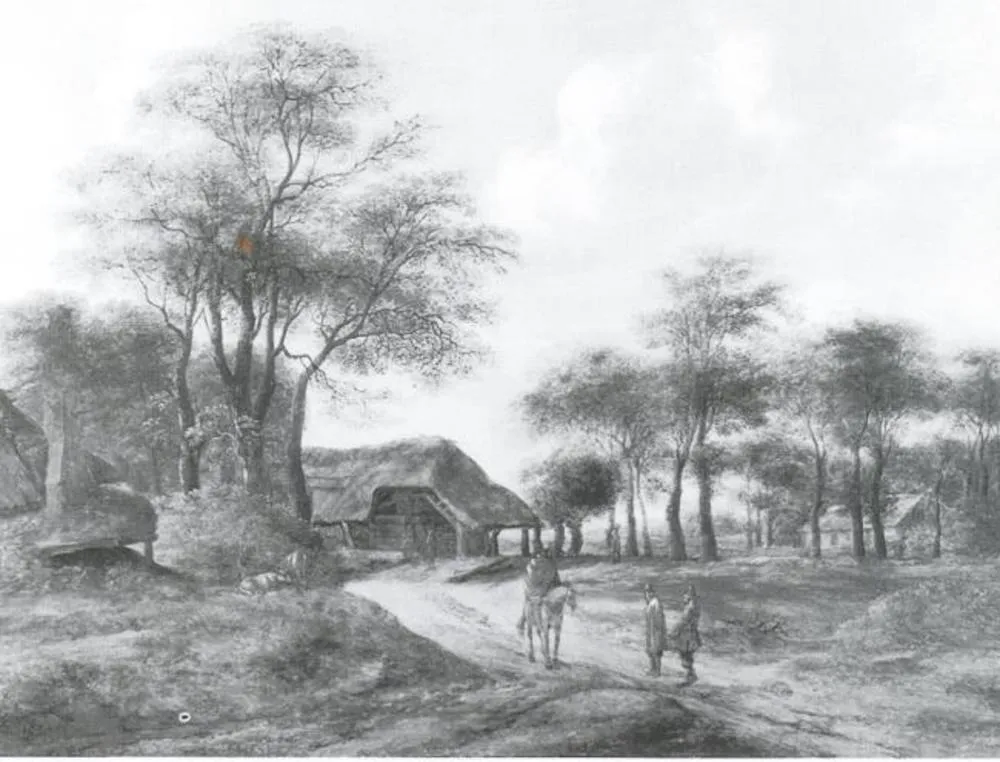 Landscape with Cottages and a Rider, by Pieter van Asch, oil, 1648