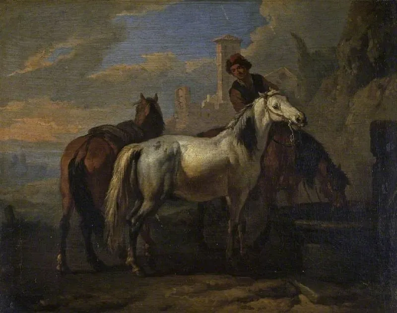 Horses drinking at a fountain, by Pieter van Bloemen, oil, 1698