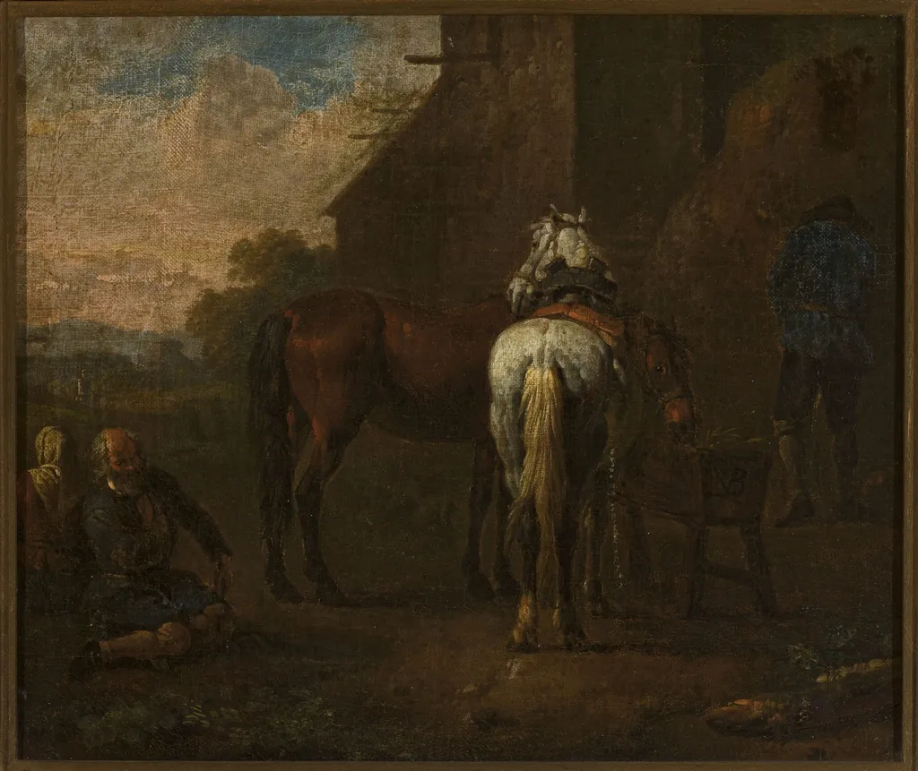 Horses in front of a tavern, by Pieter van Bloemen, oil, 1698