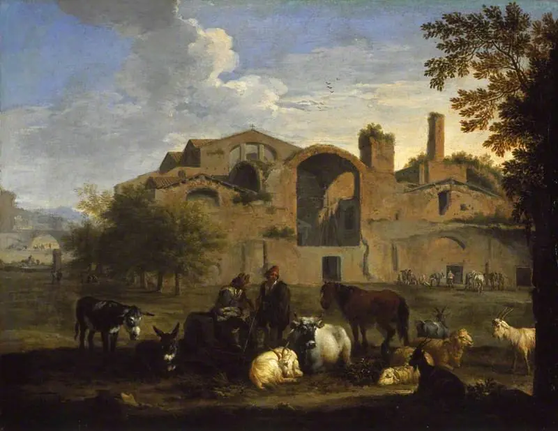 Landscape with Herdsmen and Animals in front of the Baths of Diocletian, Rome, by Pieter van Bloemen
