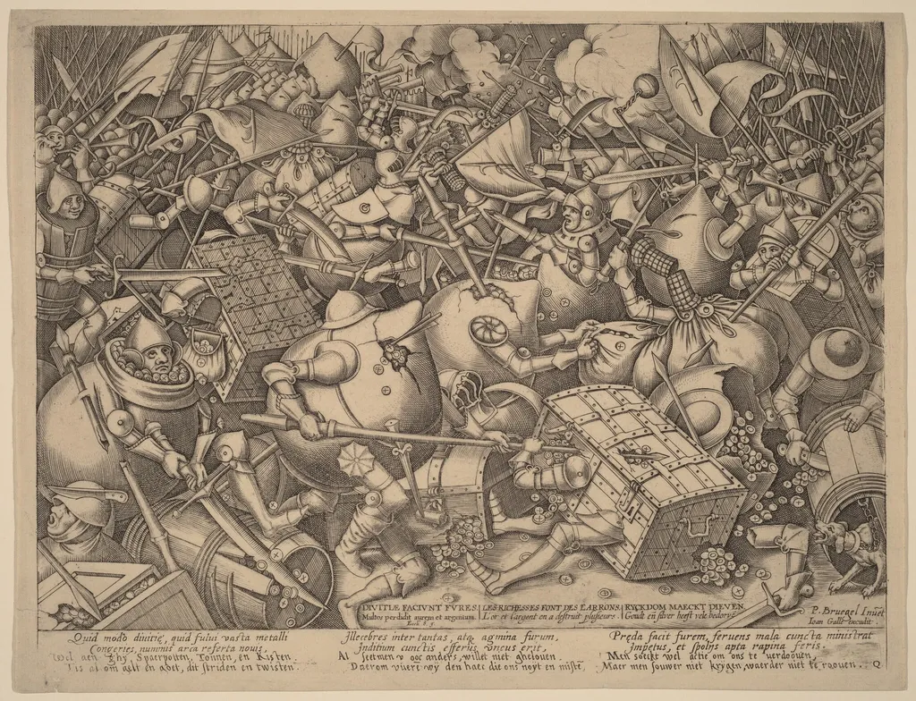 The Battle of the Moneybags and the Strongboxes, by Pieter van der Heyden, ink, 1552