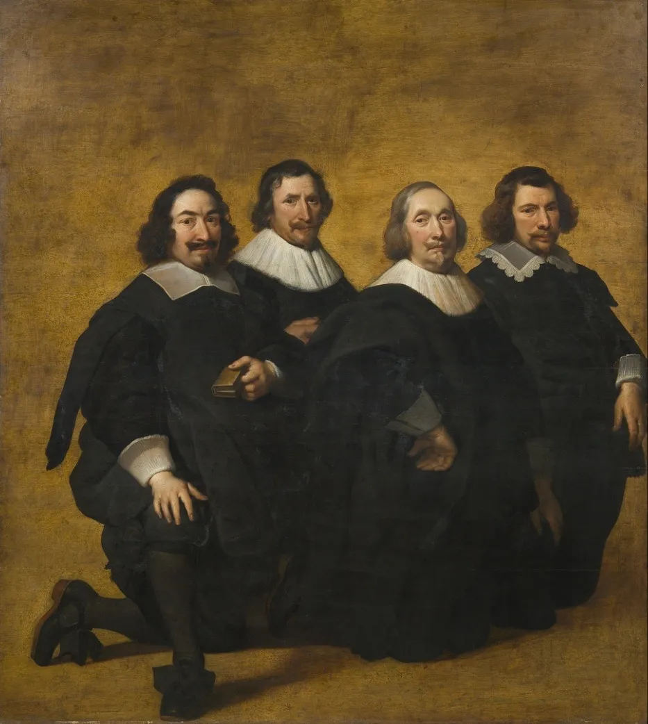 Portrait of four kneeling men, by Pieter van der Plas, oil, 1647