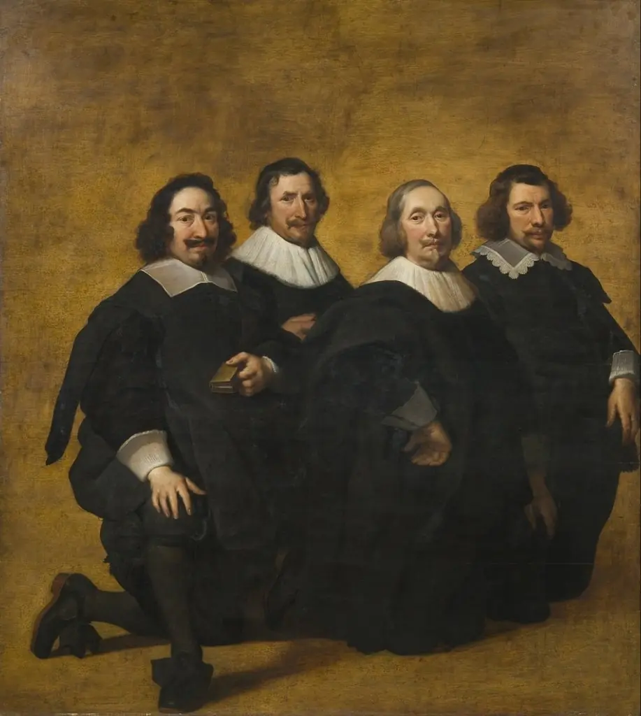 Portrait of four kneeling men, by Pieter van der Plas