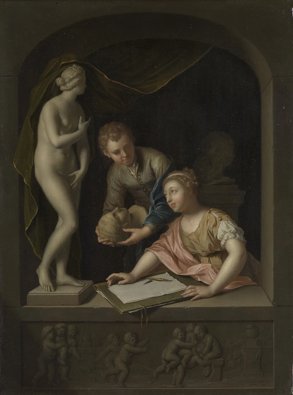 A Girl Drawing and a Boy near a Statue of Venus, by Pieter van der Werff, oil, 1715