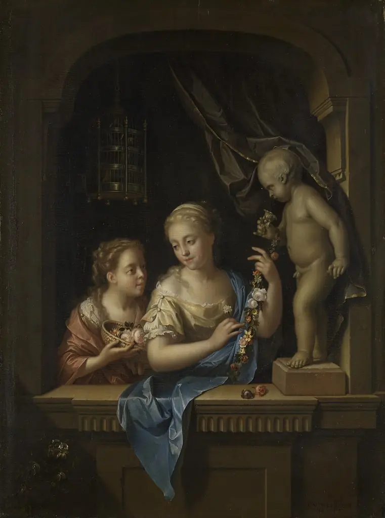 Two Girls with Flowers by a Statue of Cupid, by Pieter van der Werff