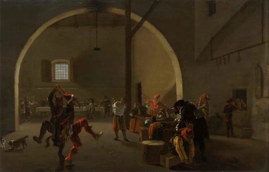 Carnival revellers in a tavern, by Pieter van Laer, oil, 1635