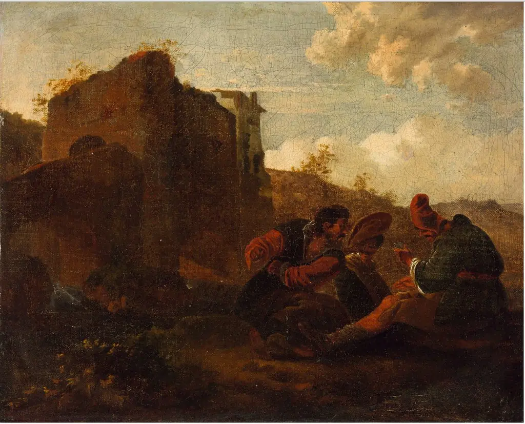 Vagabonds Playing Card in a Landscape, by Pieter van Laer