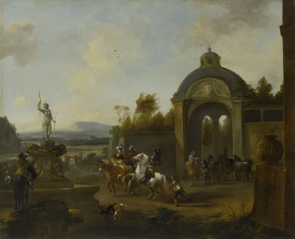 Hunting party at a fountain, by Pieter Wouwerman, oil, 1671