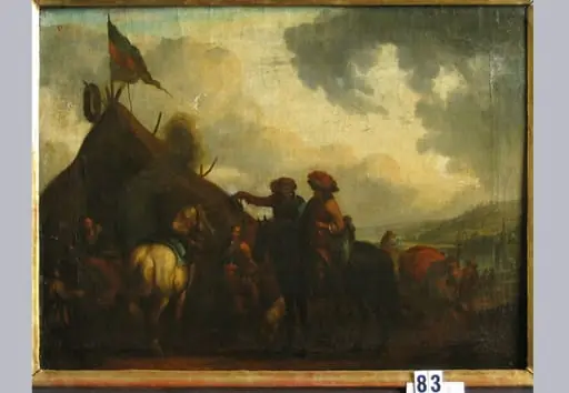 Cort de vivandieră cu cunună de frunze (în Reg. Inv.: Cort de cantinier cu cunună de frunze). Pandant: Cort de vivandieră cu drapel (în Reg. Inv.: Cort de cantinieri cu drapel)., by Pieter zis Standaart Van Bloemen