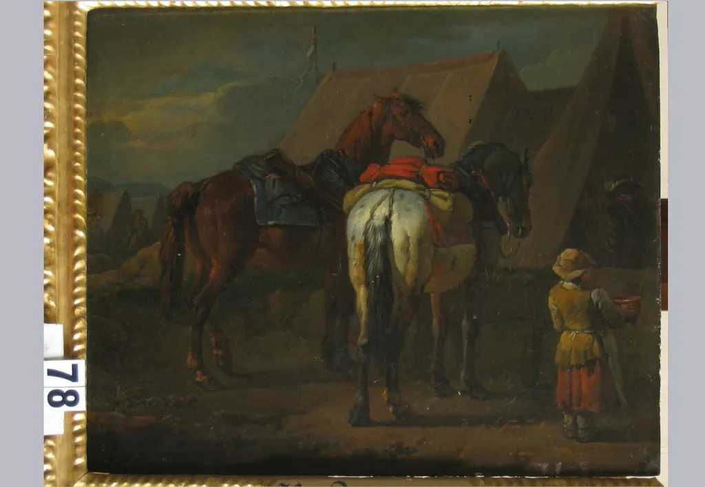 Doi cai în fața unor corturi. Pandant: Trei cai în fața unor corturi, by Pieter zis Standaart Van Bloemen, unspecified