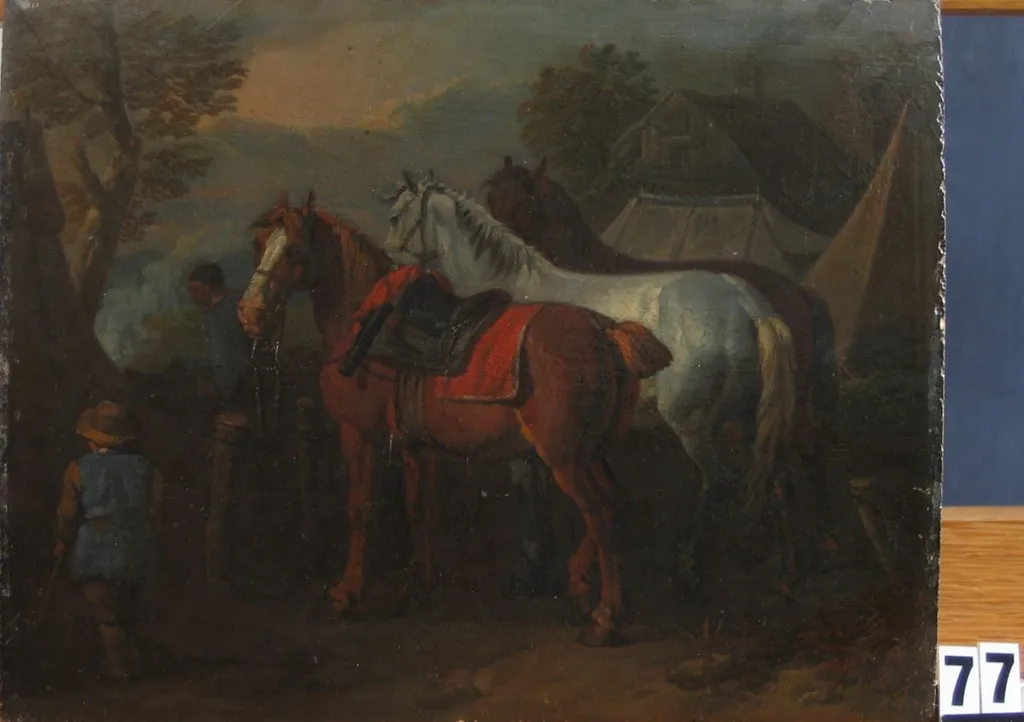 Trei cai în fața unor corturi. Pandant: Doi cai în fața unor corturi, by Pieter zis Standaart Van Bloemen, unspecified