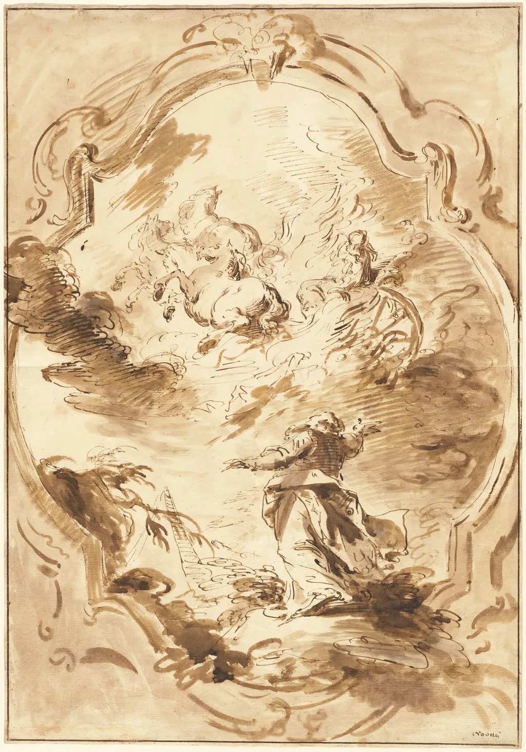 Elisha Watching Elijah Ascend in the Fiery Chariot, by Pietro Antonio Novelli, chalk, 1752