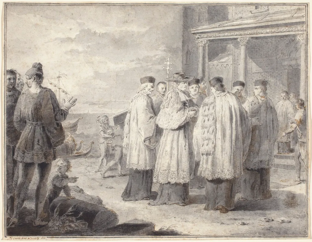 Paulinus, Cardinal and Patriarch of Aquileia, Transfers His Seat to Grado, by Pietro Antonio Novelli, ink
