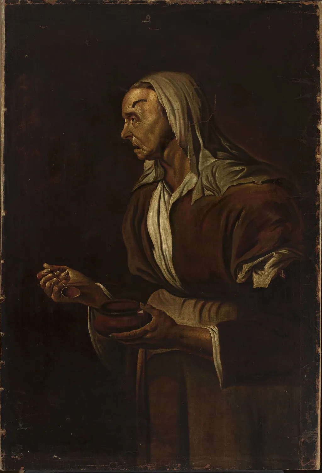 Portrait of an old woman with a bowl, by Pietro Bellotti, oil, 1672
