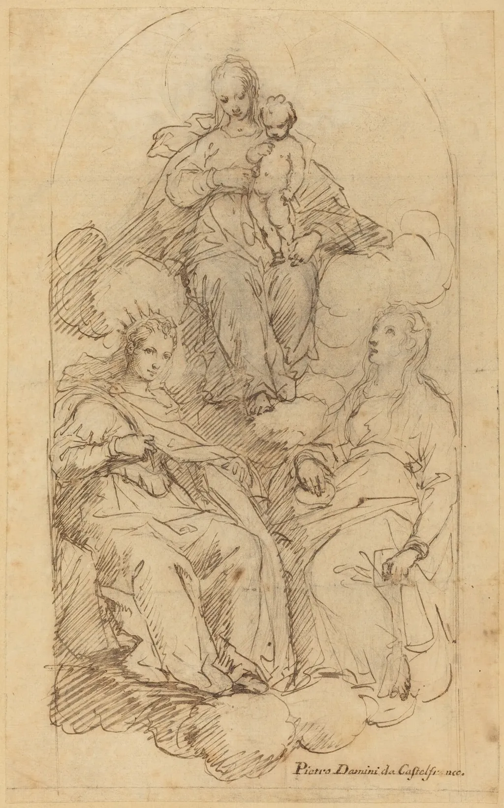 The Virgin and Child Adored by Saint Catherine and Another Female Saint, by Pietro Damini, chalk, 1620