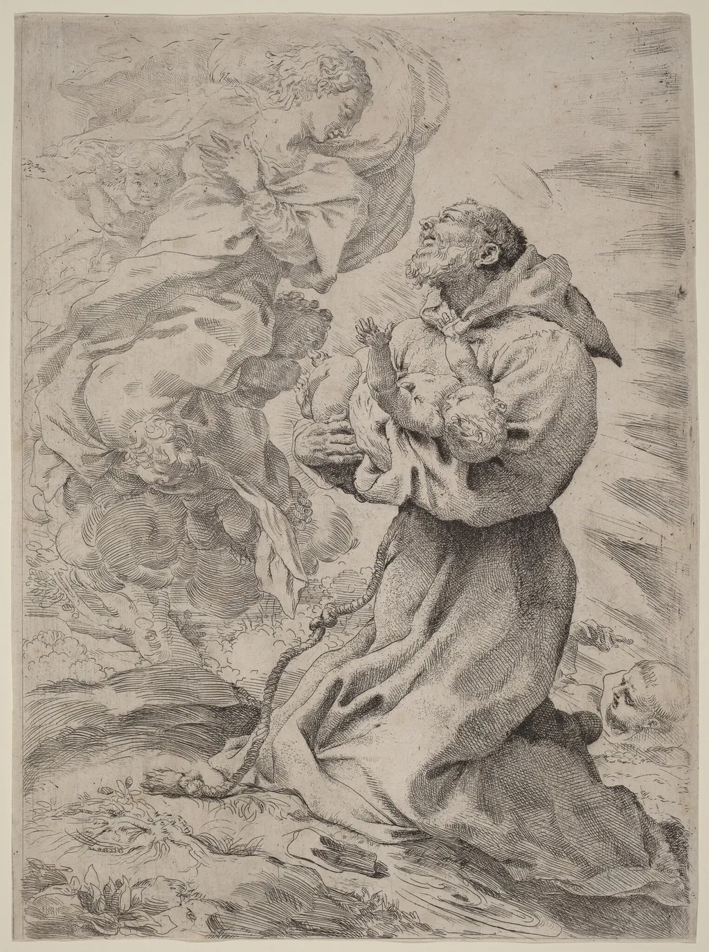 Saint Francis with the Christ Child, by Pietro Faccini, ink, 1562