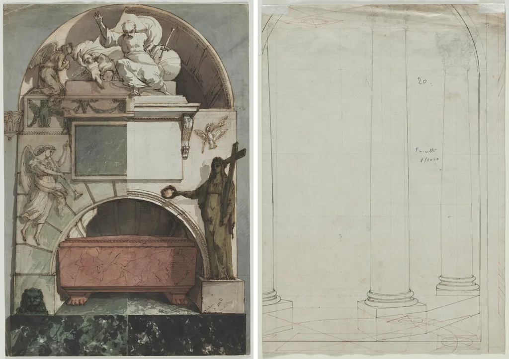 Design for a Fresco of an Artist's Tomb in the Certosa of Bologna (recto); Architectural Drawing of Columns (verso), by Pietro Fancelli, 1815