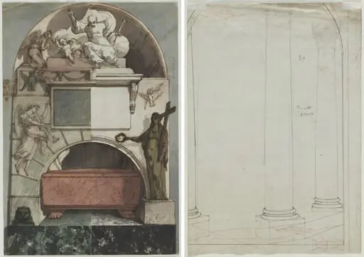 Design for a Fresco of an Artist's Tomb in the Certosa of Bologna (recto); Architectural Drawing of Columns (verso), by Pietro Fancelli