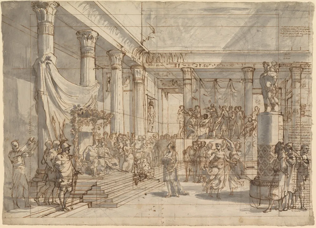 Timotheus Playing the Lyre before Alexander and Thaïs in the Hall of the Palace at Persepolis, by Pietro Fancelli, chalk, 1820